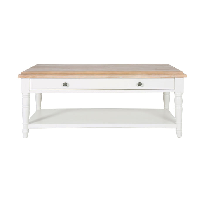 The Clover 1 Drawer Timber Coffee Table has a rectangular light wood top, white base, spacious drawer with two knobs, and a lower shelf—an elegant choice for any timber furniture collection.
