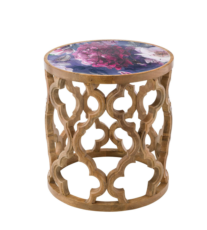 Eco Sole Peony Flower Carved Round Side Table Large 45.7x48.2cm