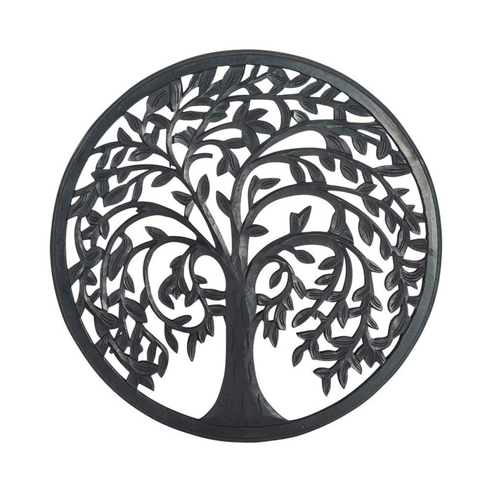 The Frieze Tree Of Life Wall Hanging (90x90cm) is a circular metal art piece depicting the Tree of Life with intertwining branches and leaves, ideal for wall display.