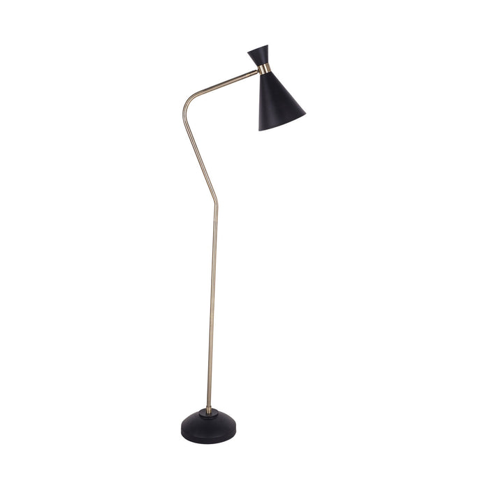 The Williams Trumpet Floor Lamp Black 168cm features an angled metal stand, a cone-shaped black and gold lampshade, and a round base, offering stylish illumination against a white background.