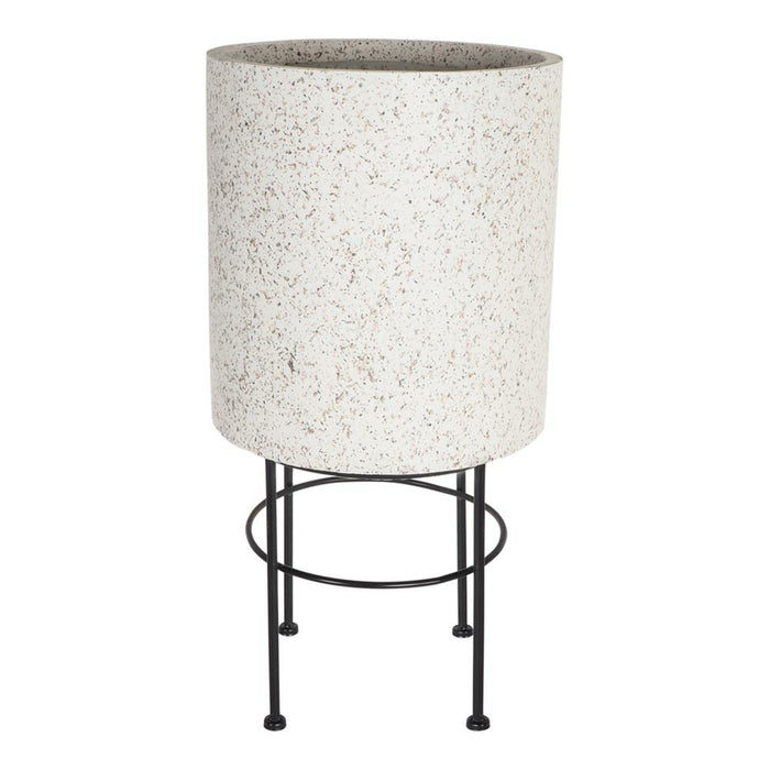 The Terrazzo Look Plant Stand Large 63.5x34cm features a tall cylindrical speckled planter on a four-legged black metal stand, offering a contemporary earthy aesthetic.