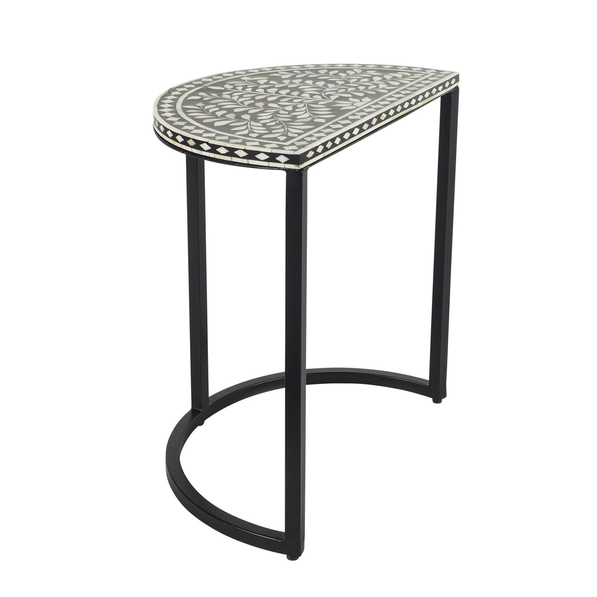 Bone Inlay Half Moon Side Table Black with Black Frame 44cm Early