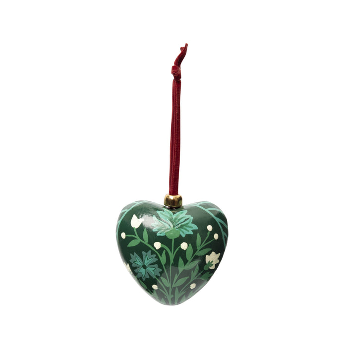 Heirloom Paper Mache Folk Floral Heart Christmas Ornament Forest