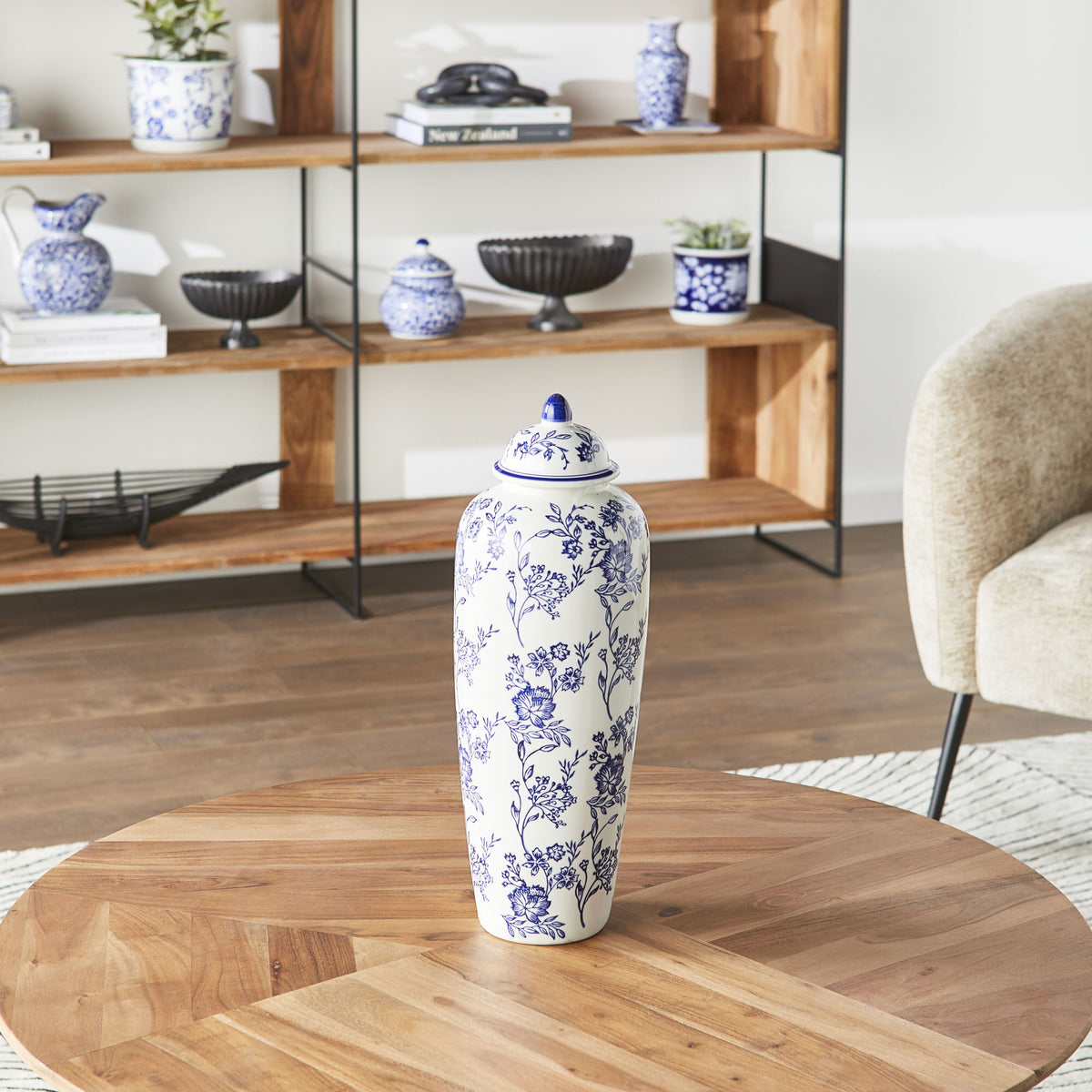 Claymont Flowers Tall Ginger Jar Blue And White 16X16X44.5cm Early