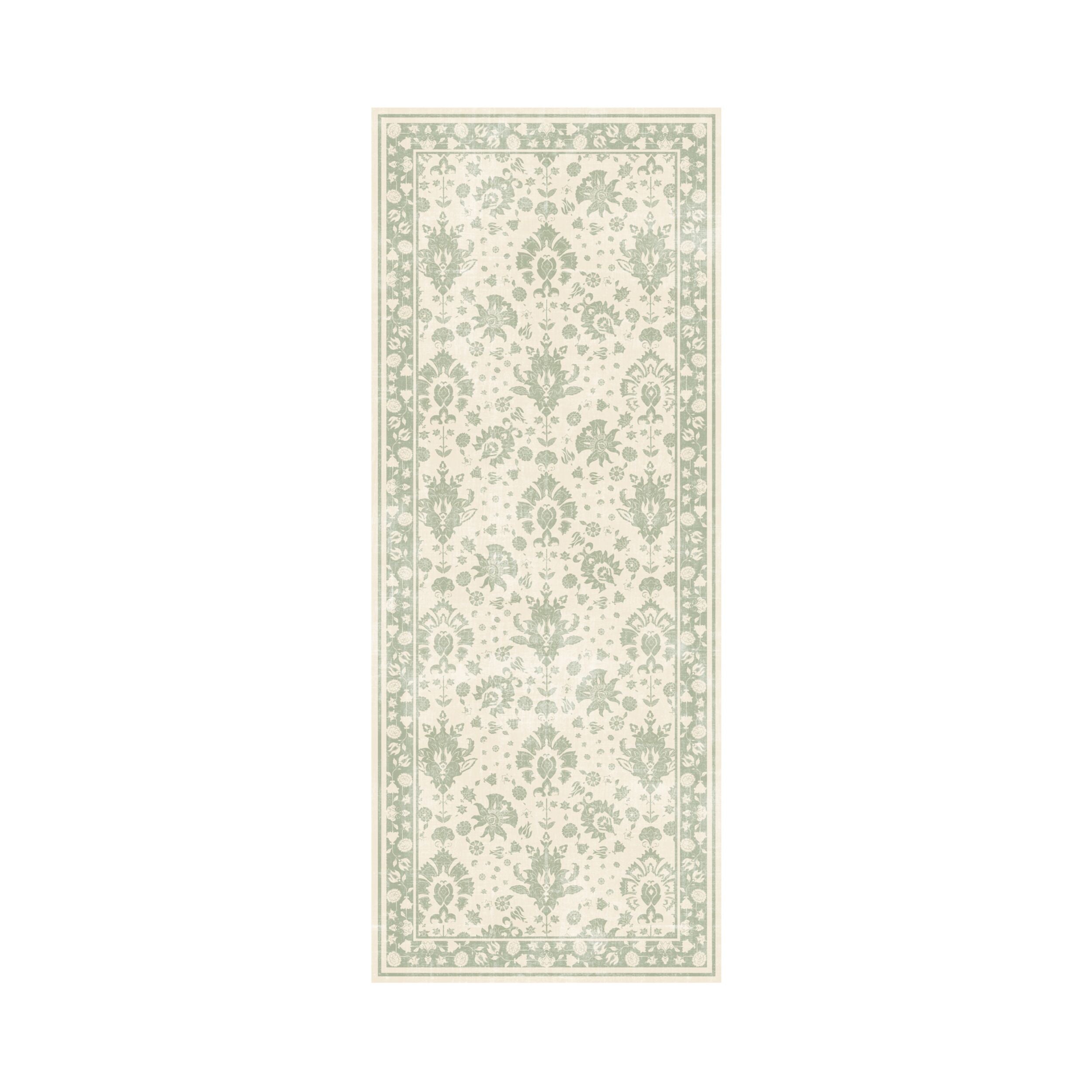 The Manisa Washable Rug 240x300cm features a rectangular Persian-inspired design with a faded floral and geometric pattern in beige, cream, and blue-green. Made from durable, machine-washable polyester for easy care.