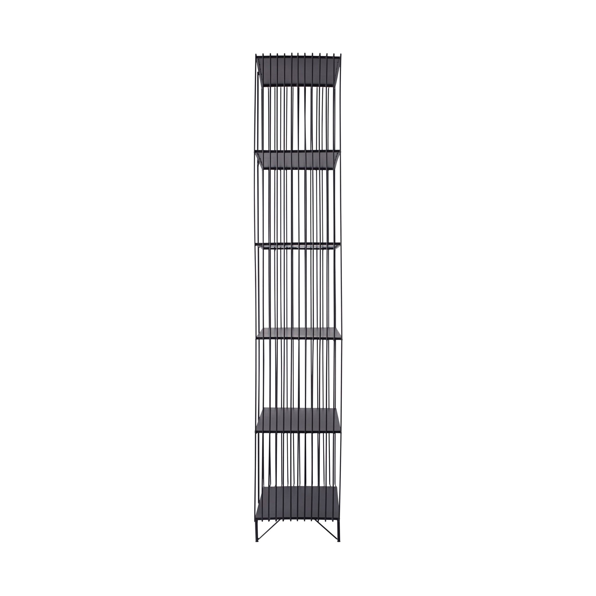 The Hendrix 5 Tier Tall Shelving Unit (182.5 x 60cm) features a sleek wireframe design with five shelves, made from powder-coated iron, and is shown in black against a white backdrop.