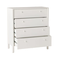 The Spintara 4 Drawer Chest White stands on four legs against a plain background. The top drawer is closed, and the lower three are partially open—an ideal choice for stylish bedroom storage.