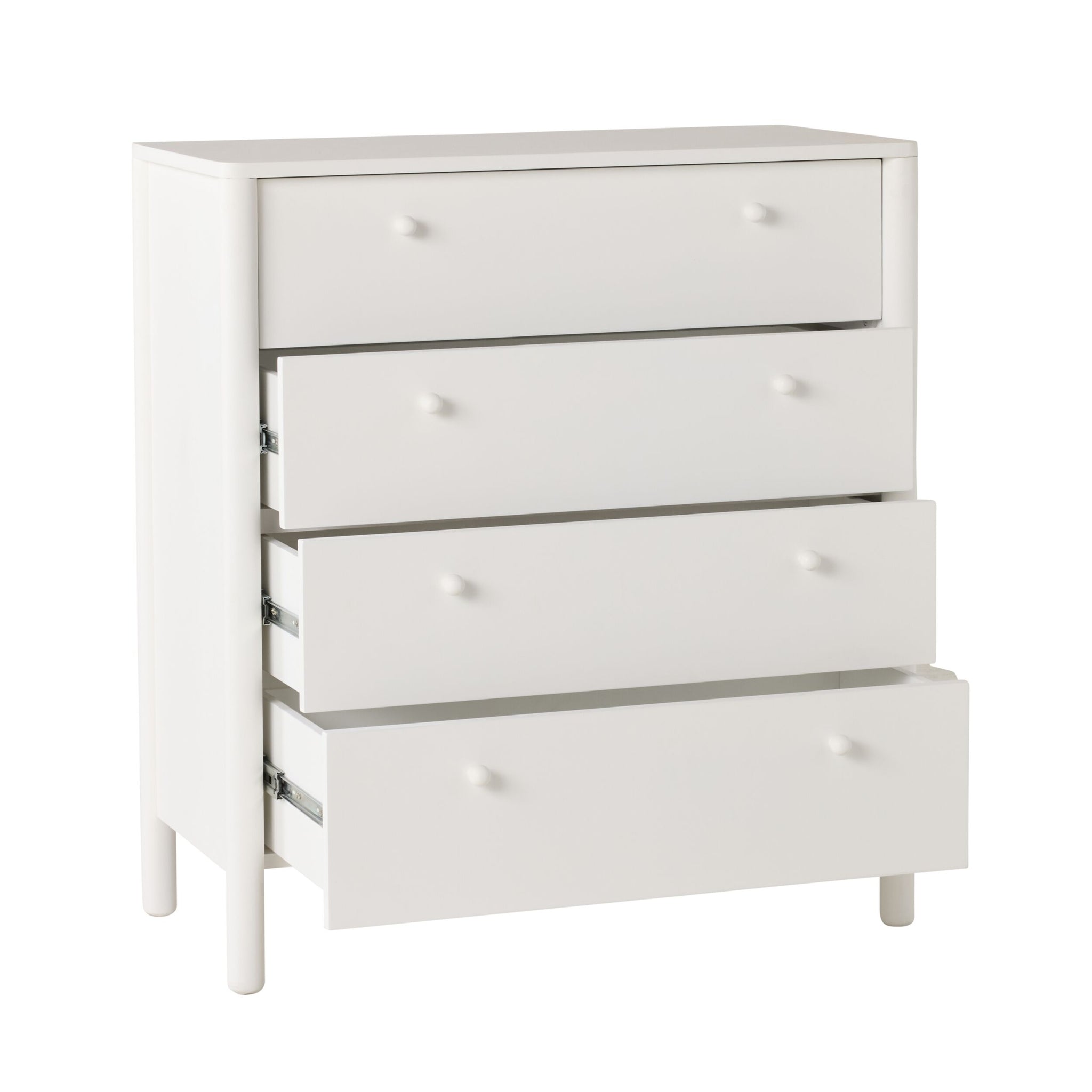 The Spintara 4 Drawer Chest White stands on four legs against a plain background. The top drawer is closed, and the lower three are partially open—an ideal choice for stylish bedroom storage.