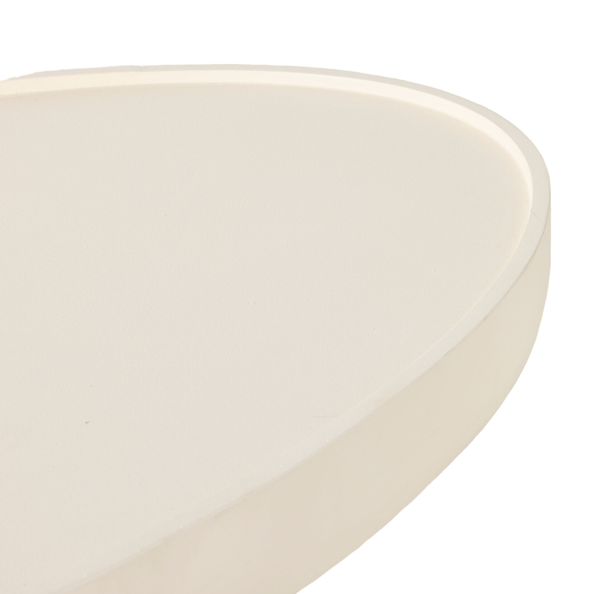 Close-up of the Lani Oval Coffee Table (120 x 39 x 65cm) featuring a smooth, rounded mango wood surface with a white wash finish and a slightly raised edge against a white background.