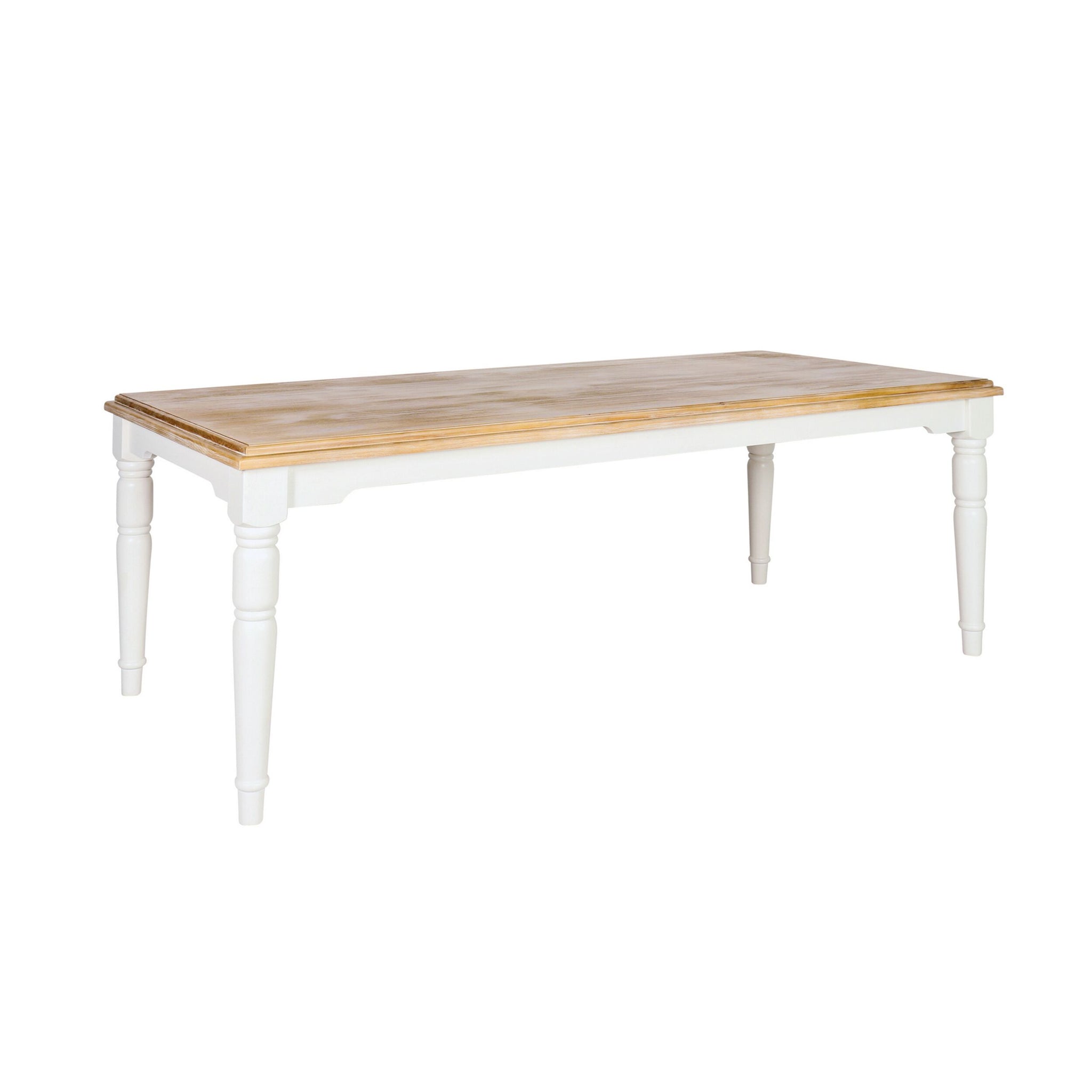 Close-up side view of the white turned leg of a dining table with natural wood top.