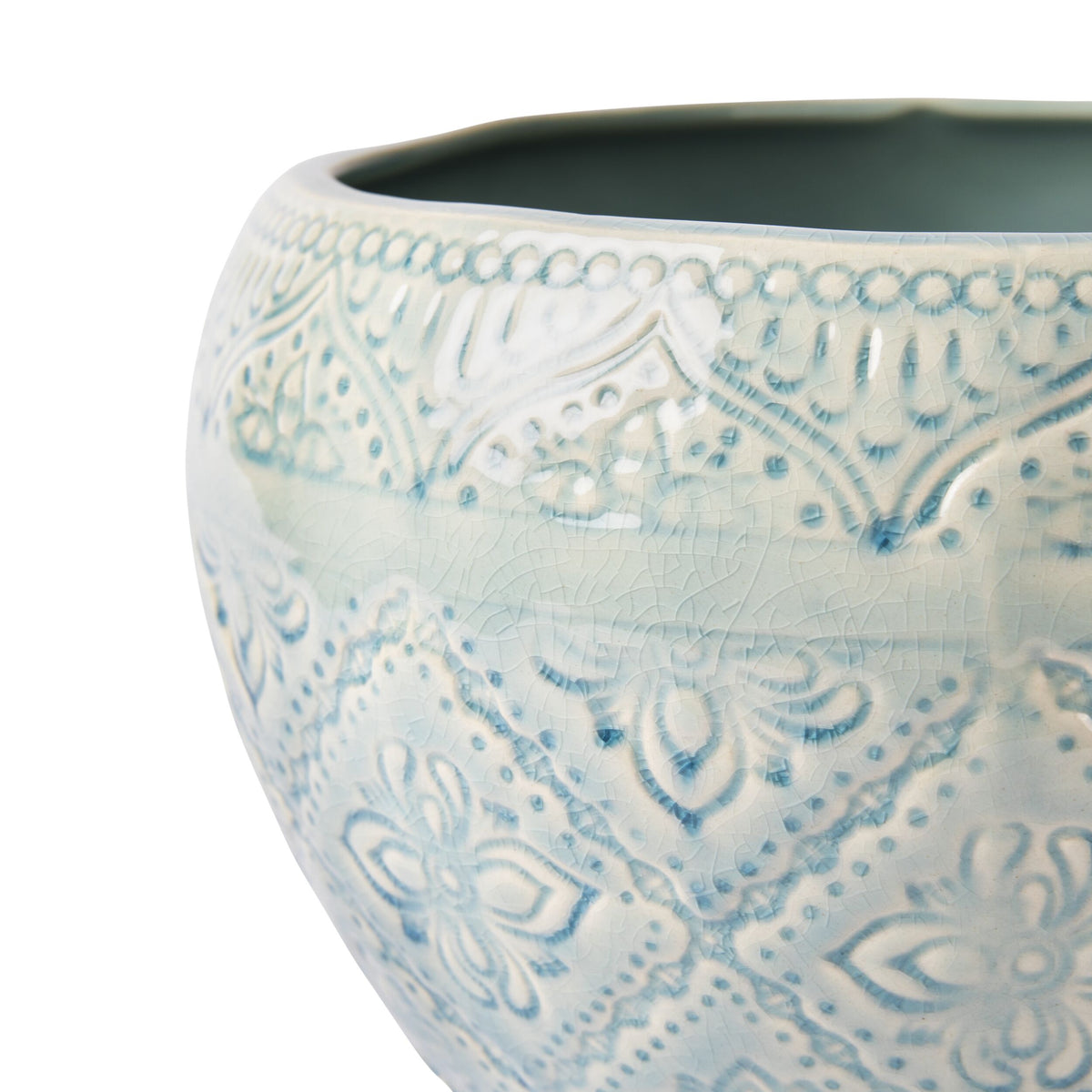 Valencia Scroll Ceramic Plant Pot Colour Medium Turquoise