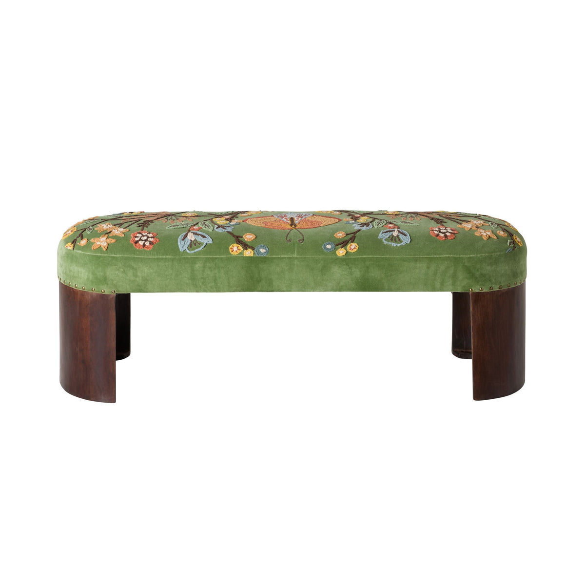 Freya Embroidered Bench Green Velvet