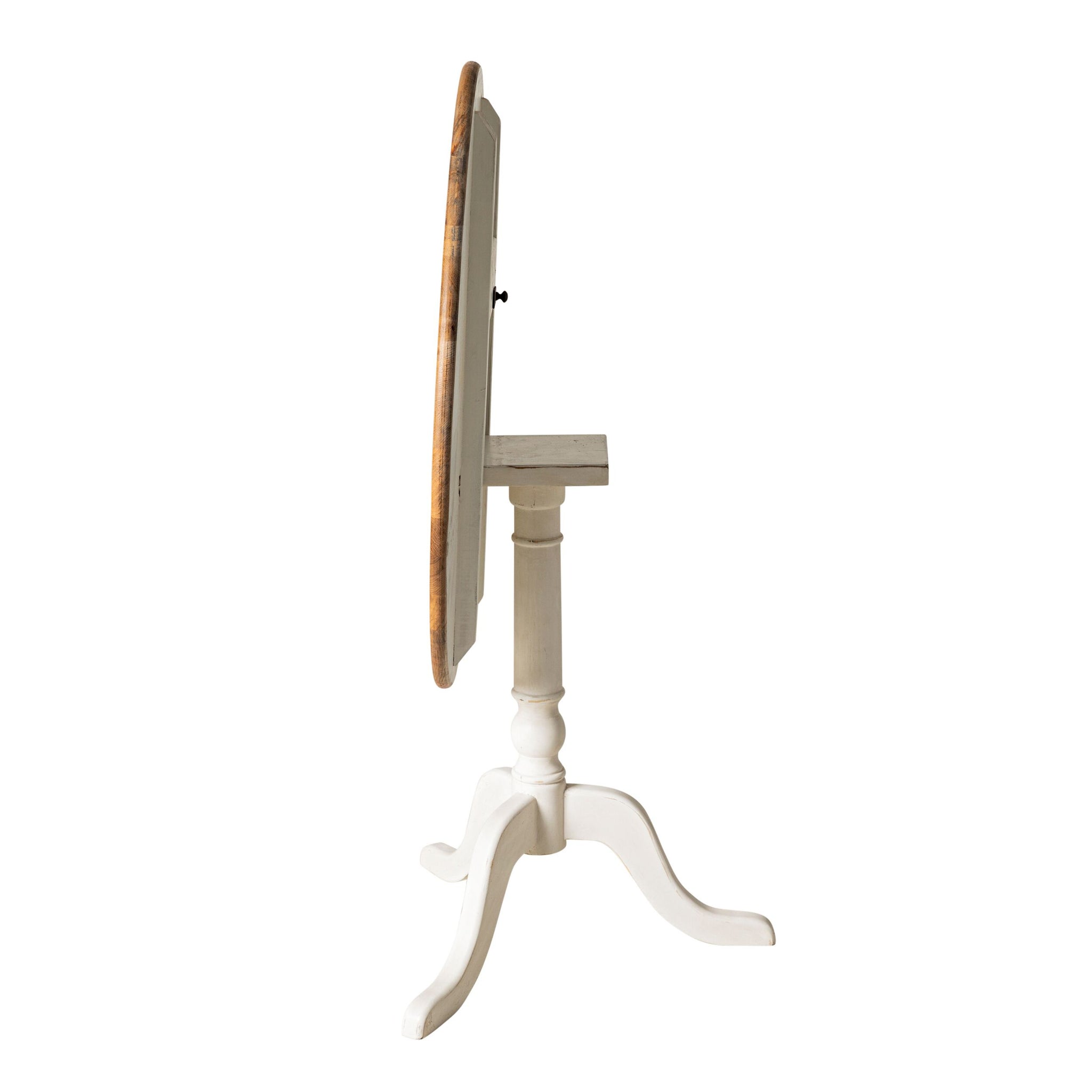 The Provincial Oak Drop-Down Cafe Table features a round solid oak tabletop and tripod base, elegantly displayed upright against a white background, exuding French provincial style charm.