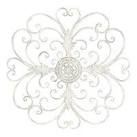 The Swirl Wall Hanging features intricate swirling patterns and a central floral design, crafted from fine iron in an ornate antique white finish. Size: 93x1x93 cm.