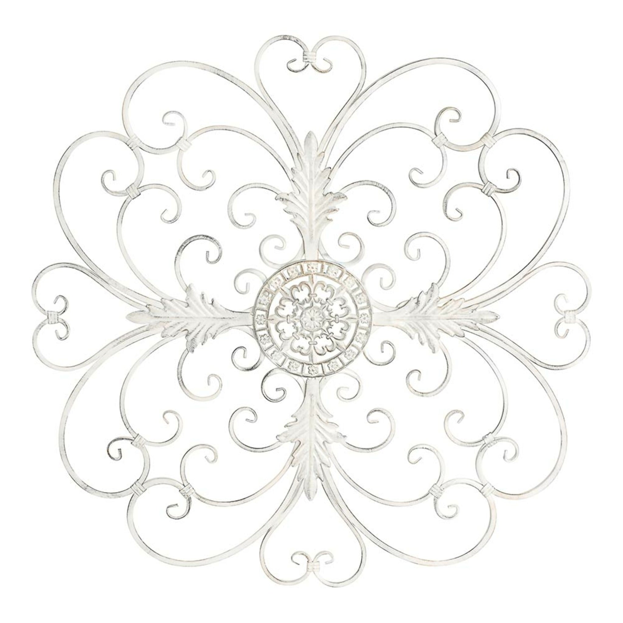 The Swirl Wall Hanging features intricate swirling patterns and a central floral design, crafted from fine iron in an ornate antique white finish. Size: 93x1x93 cm.