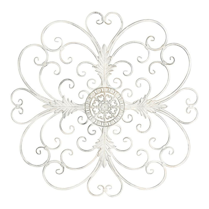 The Swirl Wall Hanging features intricate swirling patterns and a central floral design, crafted from fine iron in an ornate antique white finish. Size: 93x1x93 cm.