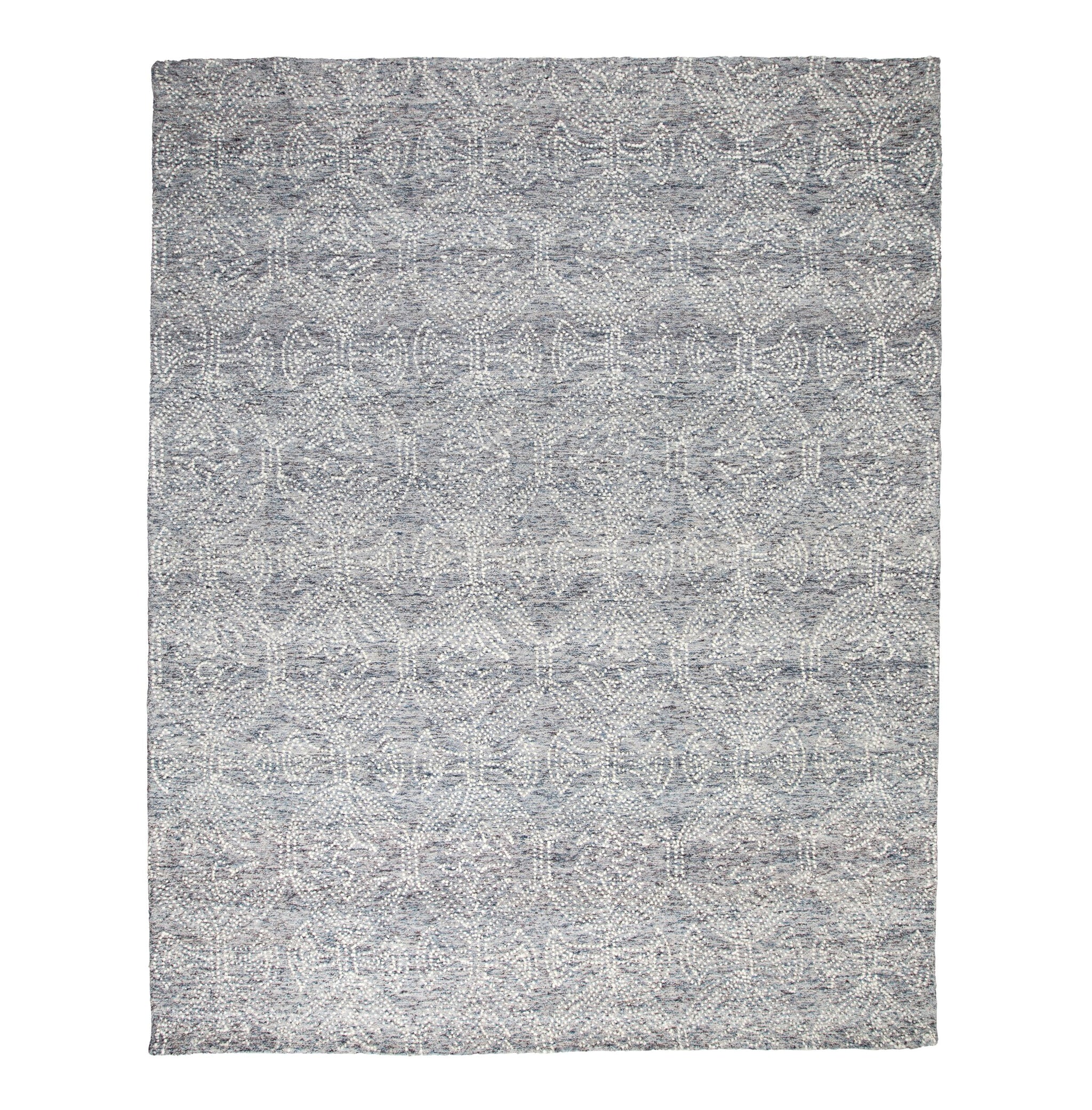 The Dreamtime Hand Tufted Wool Grey Rug 300x240cm features a subtle, symmetrical geometric pattern in gray and blue tones, making it perfect for adding a touch of contemporary style to any room.