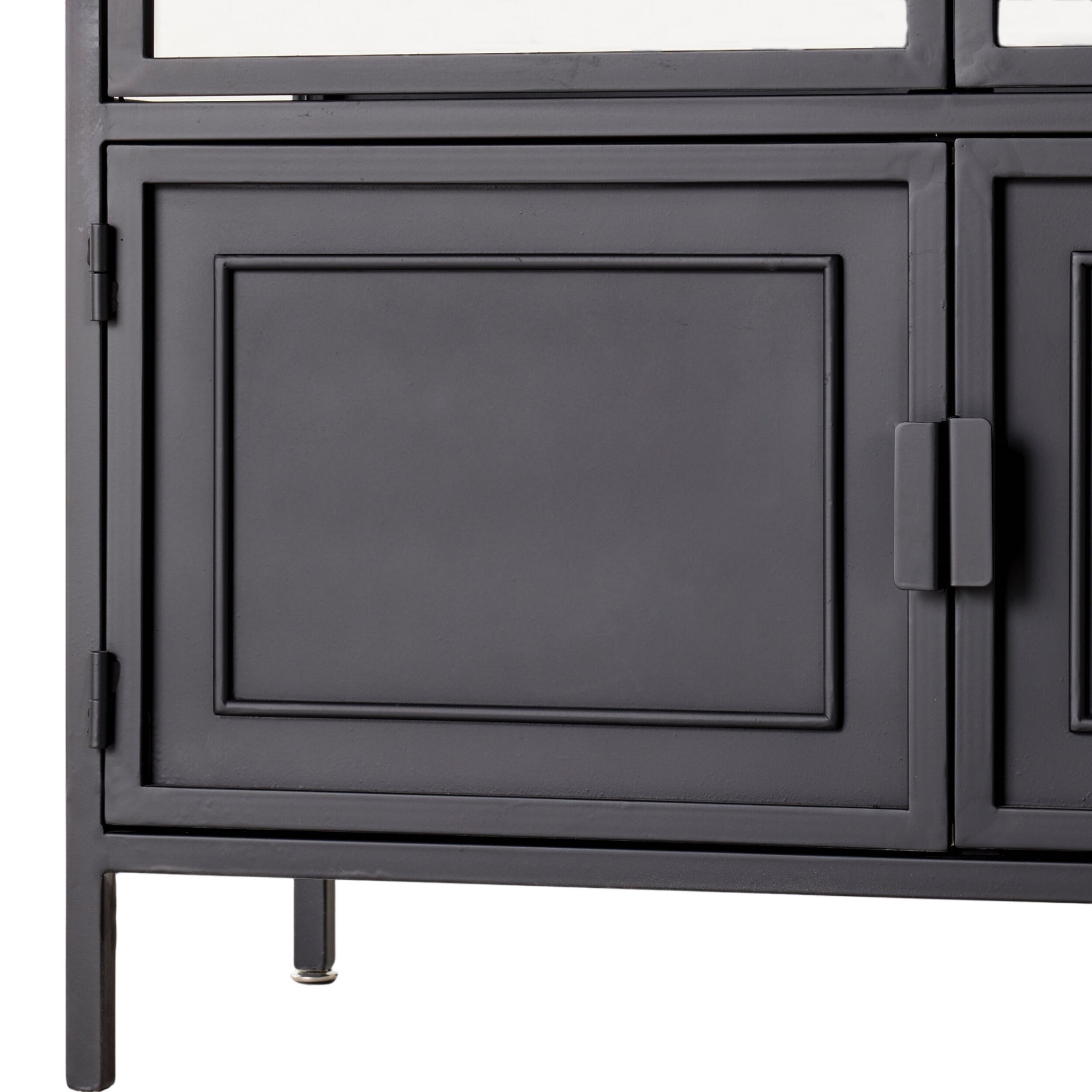 Close-up of the Nero 6 Door Display Cabinet (135 x 40 x 160cm, Black) highlighting its lower section with two paneled doors and rectangular handles—showcasing sleek storage and modern design.