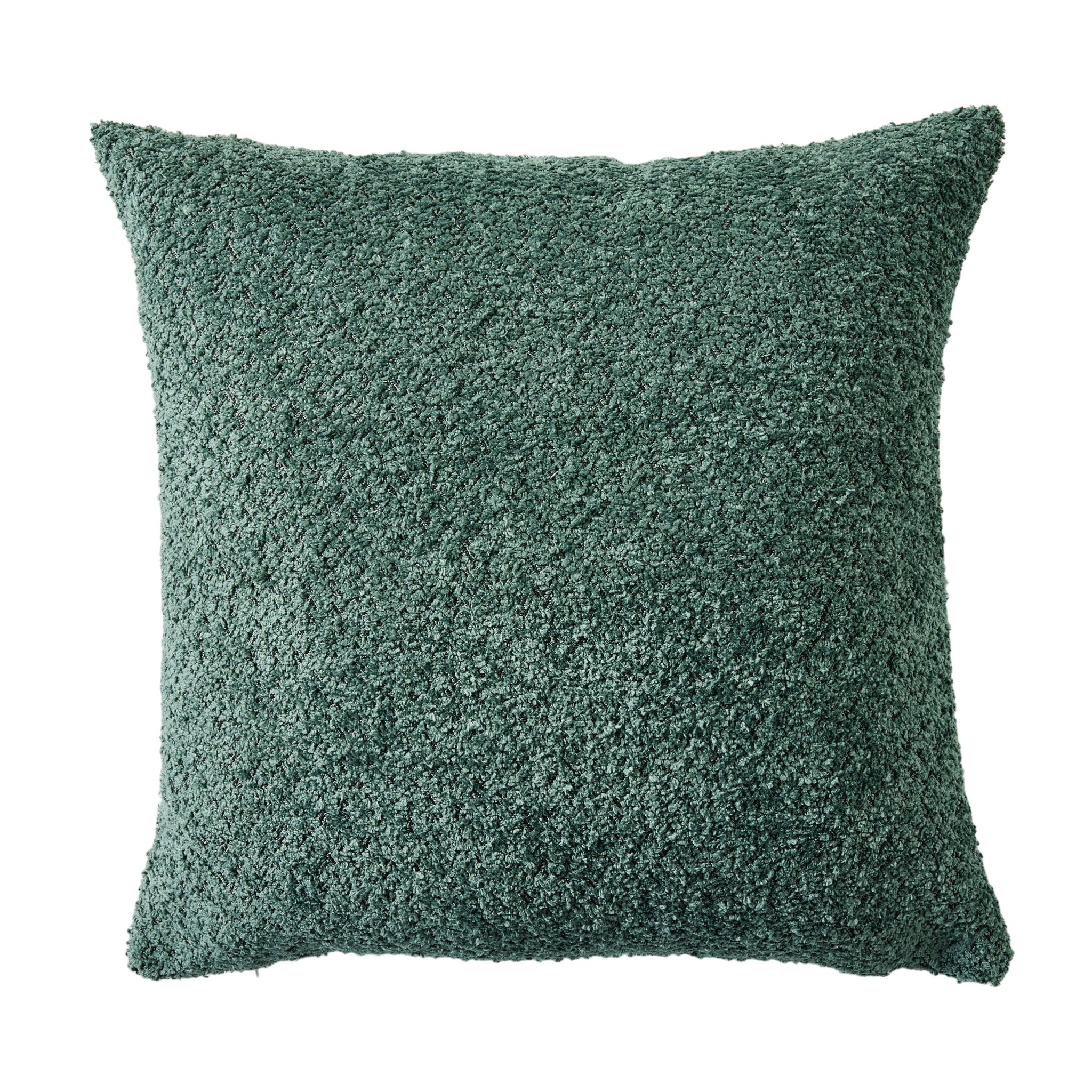 The Byron Boucle Cushion Forest 45x45cm, a square cushion in forest green, is shown against a white background to highlight its textured polyester boucle fabric.