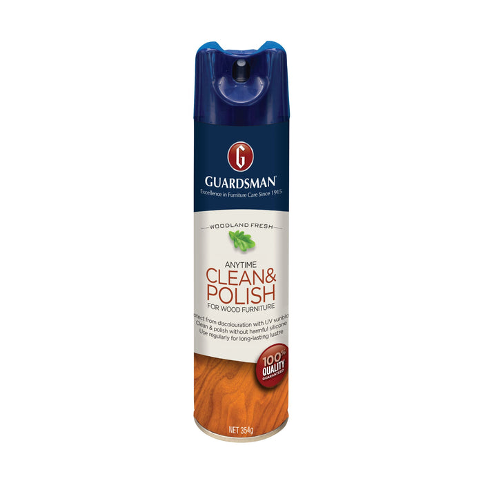 A 354g aerosol can of Guardsman Revitalising Wood Polish UV Protection features product details on the front label and provides effective wood cleaning and added UV protection.