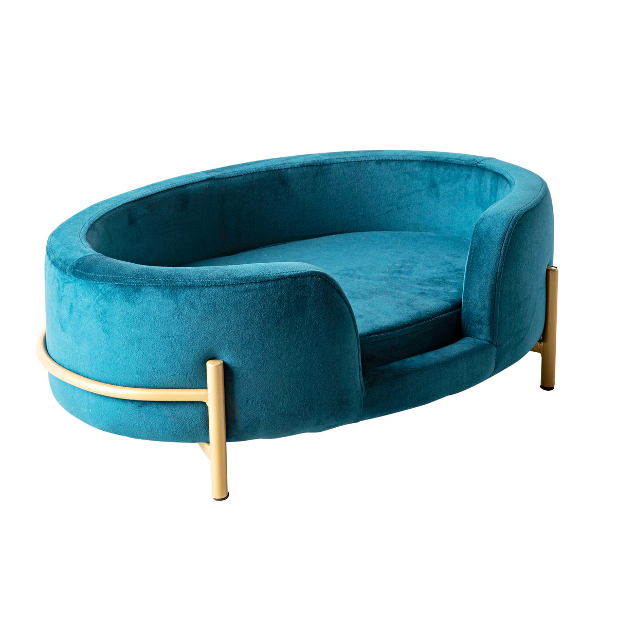 The Oval Velvet Pet Bed in teal blue (64x41x24cm) combines soft upholstery with a gold metal frame, offering luxurious style and comfort for your pet.