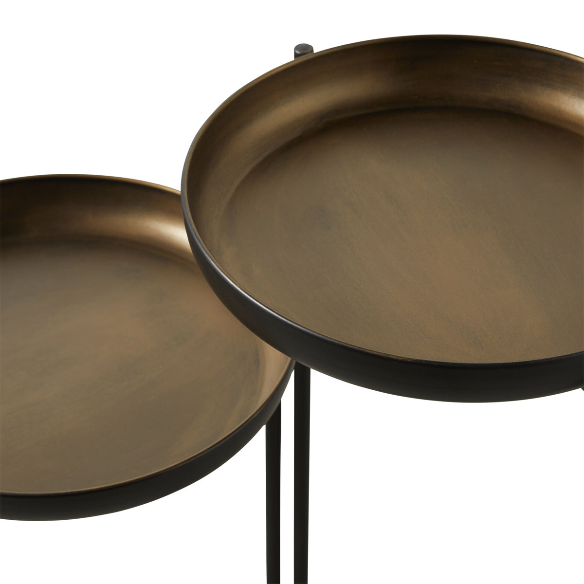 Close-up of the Gracie Tiered Side Table 34x31x80cm, showcasing two round, brass-colored trays with raised edges at different heights on black metal legs for a stylish, durable look.