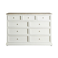 The Maldon 9 Drawer Chest is a Hamptons-style white dresser with nine drawers, round knobs, and a natural acacia timber top.