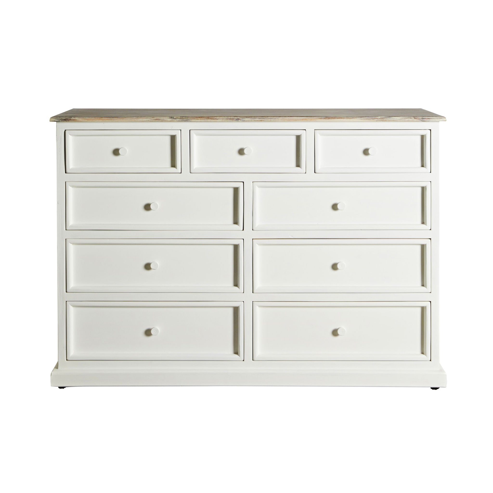 The Maldon 9 Drawer Chest is a Hamptons-style white dresser with nine drawers, round knobs, and a natural acacia timber top.