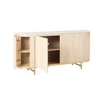 The Deva 4 Door Buffet 170 x 80 x 43cm showcases a light white wash mango wood finish, with spacious interior shelves behind four cabinet doors, and stands on elegant gold metal legs.