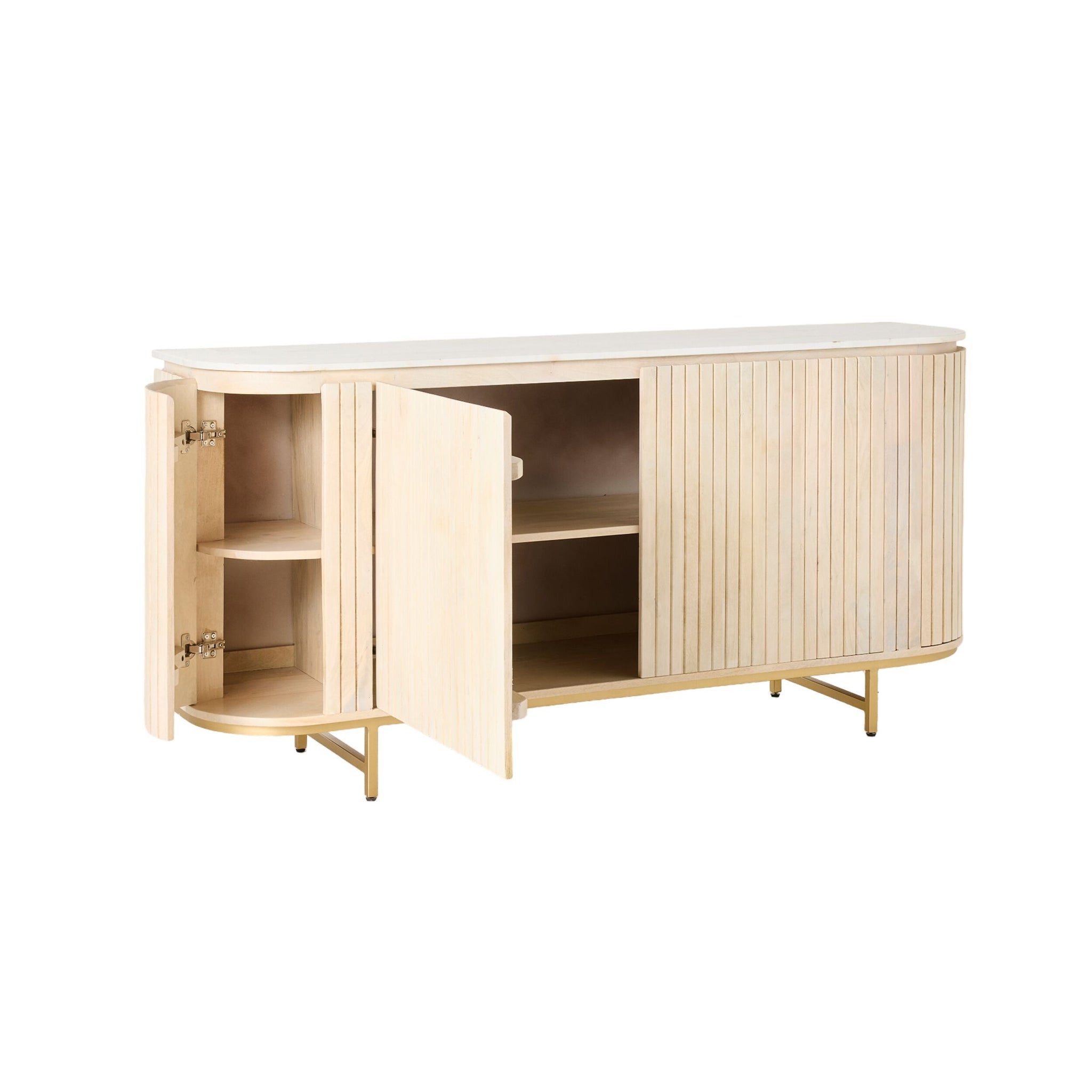 The Deva 4 Door Buffet 170 x 80 x 43cm showcases a light white wash mango wood finish, with spacious interior shelves behind four cabinet doors, and stands on elegant gold metal legs.