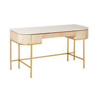 The Deva Large Desk 150 x 79 x 61cm showcases a white marble top, light mango wood-finished sides, and gold metal legs, all displayed against a white background.