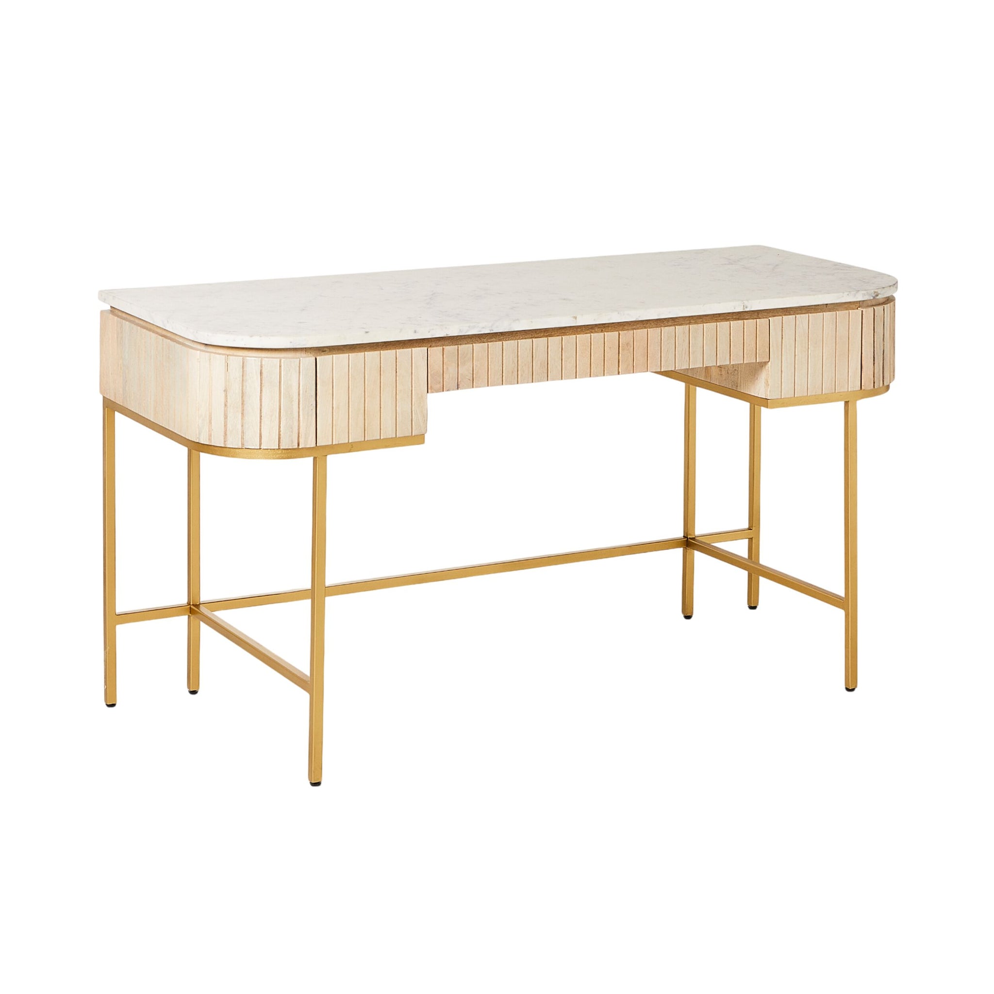 The Deva Large Desk 150 x 79 x 61cm showcases a white marble top, light mango wood-finished sides, and gold metal legs, all displayed against a white background.