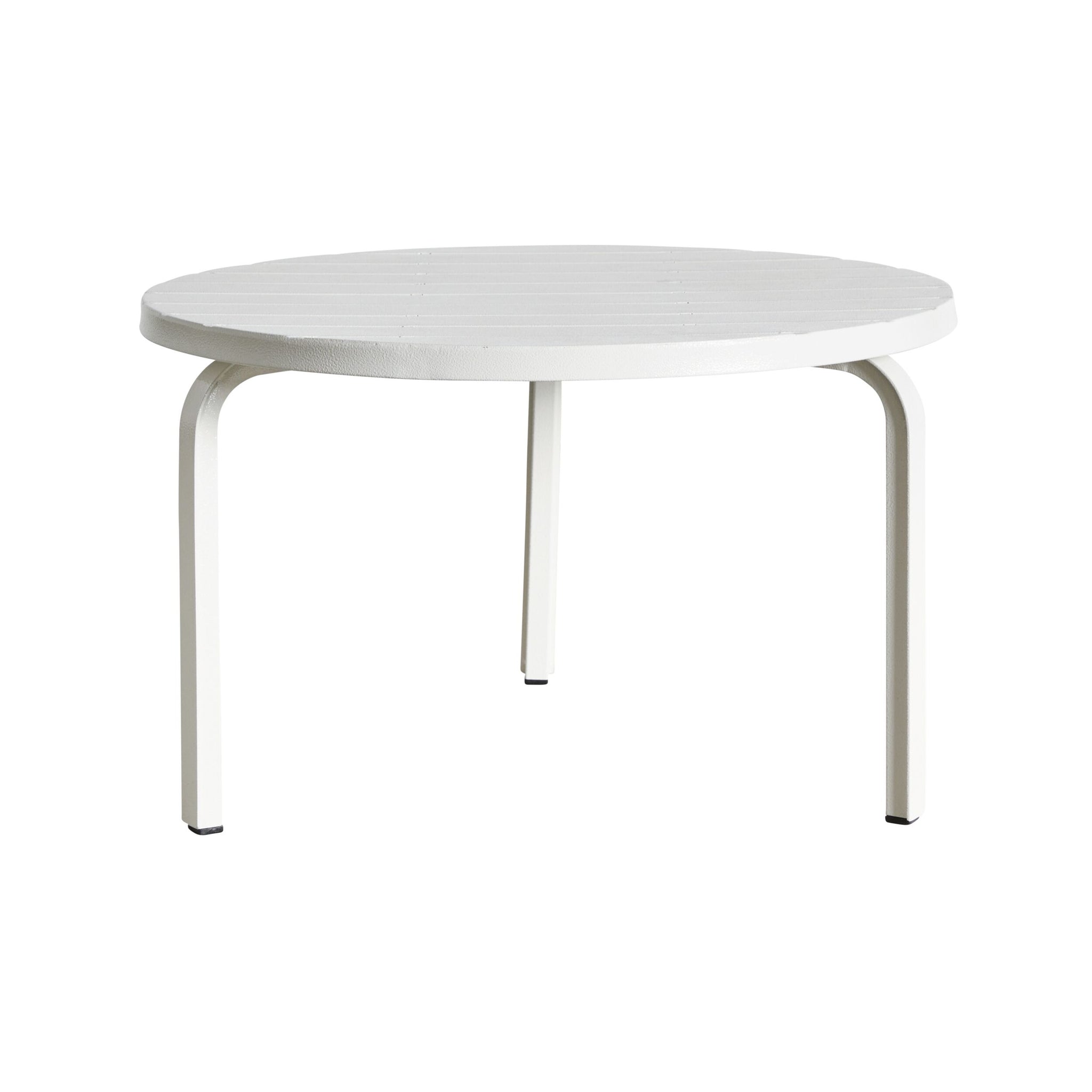 The Kace Outdoor Coffee Table in white features a round design with four slender legs, crafted from powder-coated galvanized steel.