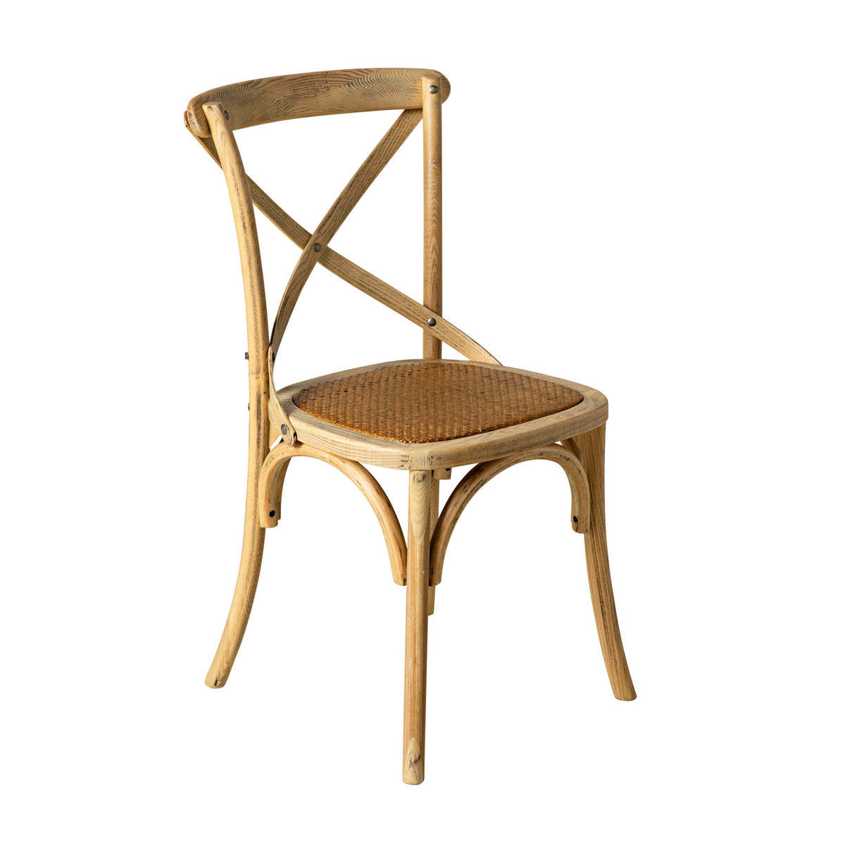 Provincial Cross Back Dining Chair Natural Oak featuring a curved backrest, X-shaped support, and woven cane seat in French Provincial style, shown on a white background.