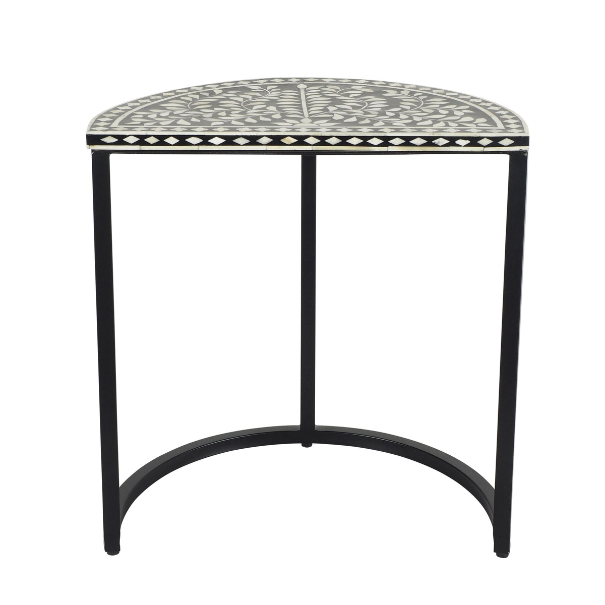 The Bone Inlay Half Moon Side Table Black with Black Frame 44cm is a half-moon shaped black metal side table with a black and white design, featuring intricate geometric patterns that evoke the artistic elegance of bone inlay.