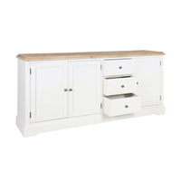 The Clover Large Sideboard showcases a timeless timber furniture design with its large Hamptons coastal style. It features a white wooden frame paired with a natural wood top, complemented by two cabinet doors on the sides and three open drawers in the center.