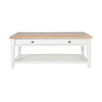 The Clover 1 Drawer Timber Coffee Table has a rectangular light wood top, white base, spacious drawer with two knobs, and a lower shelf—an elegant choice for any timber furniture collection.
