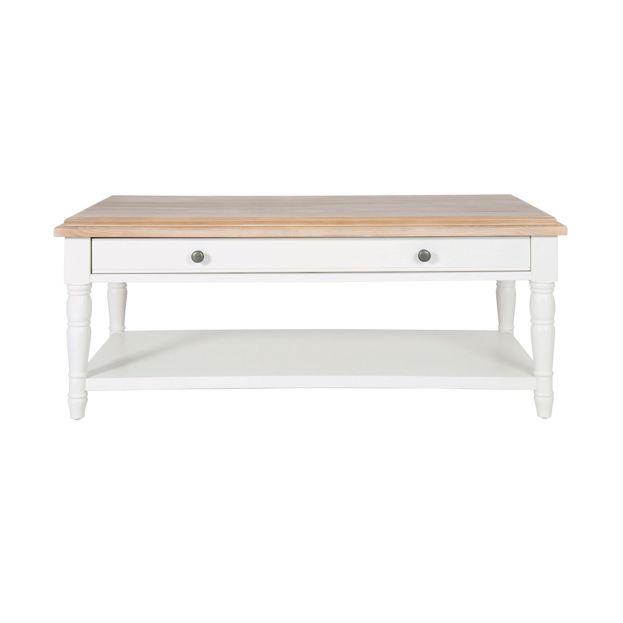 The Clover 1 Drawer Timber Coffee Table has a rectangular light wood top, white base, spacious drawer with two knobs, and a lower shelf—an elegant choice for any timber furniture collection.