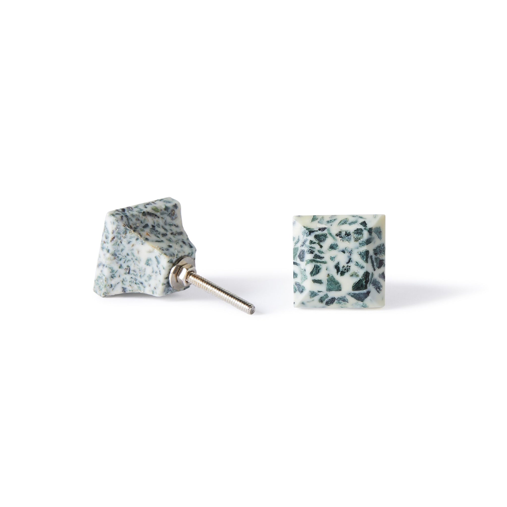 A pair of Speckle Square Knob 3.5cm earrings with a blue and white terrazzo look—one lays flat, the other stands upright to show the metal post, ideal for fans of colorful cabinet hardware-inspired style.