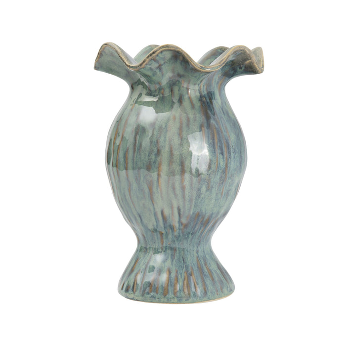 Valencia Ruffled Pedestal Ceramic Vase Seafoam