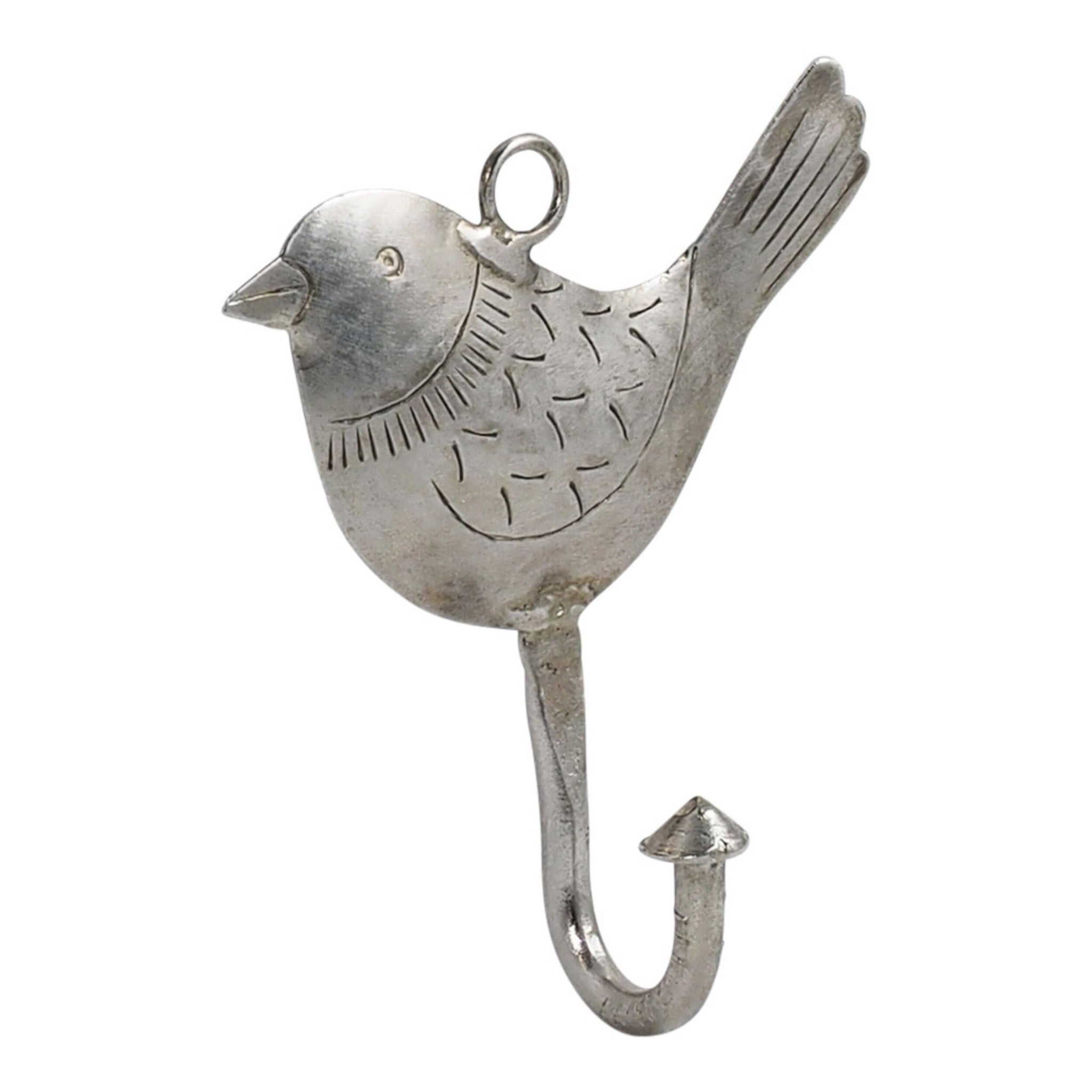 The Ashika Iron Bird Hook features a bird-shaped design with intricate etched details and an extra top loop for versatile storage.
