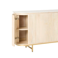 Deva 4 Door Buffet (170 x 80 x 43cm) features light wood, vertical slat doors, gold metal legs, a marble top, and an open cabinet with two interior shelves.