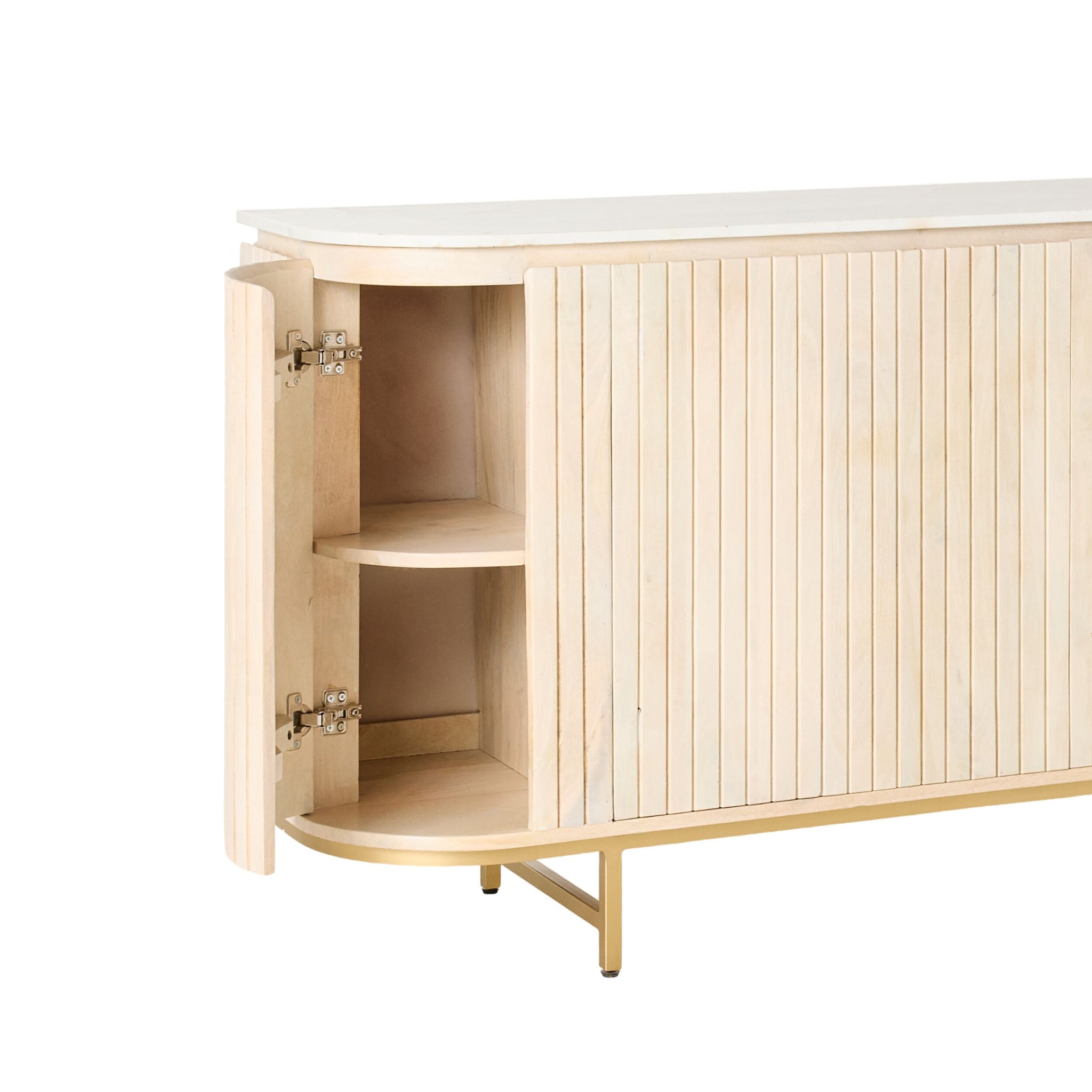 Deva 4 Door Buffet (170 x 80 x 43cm) features light wood, vertical slat doors, gold metal legs, a marble top, and an open cabinet with two interior shelves.