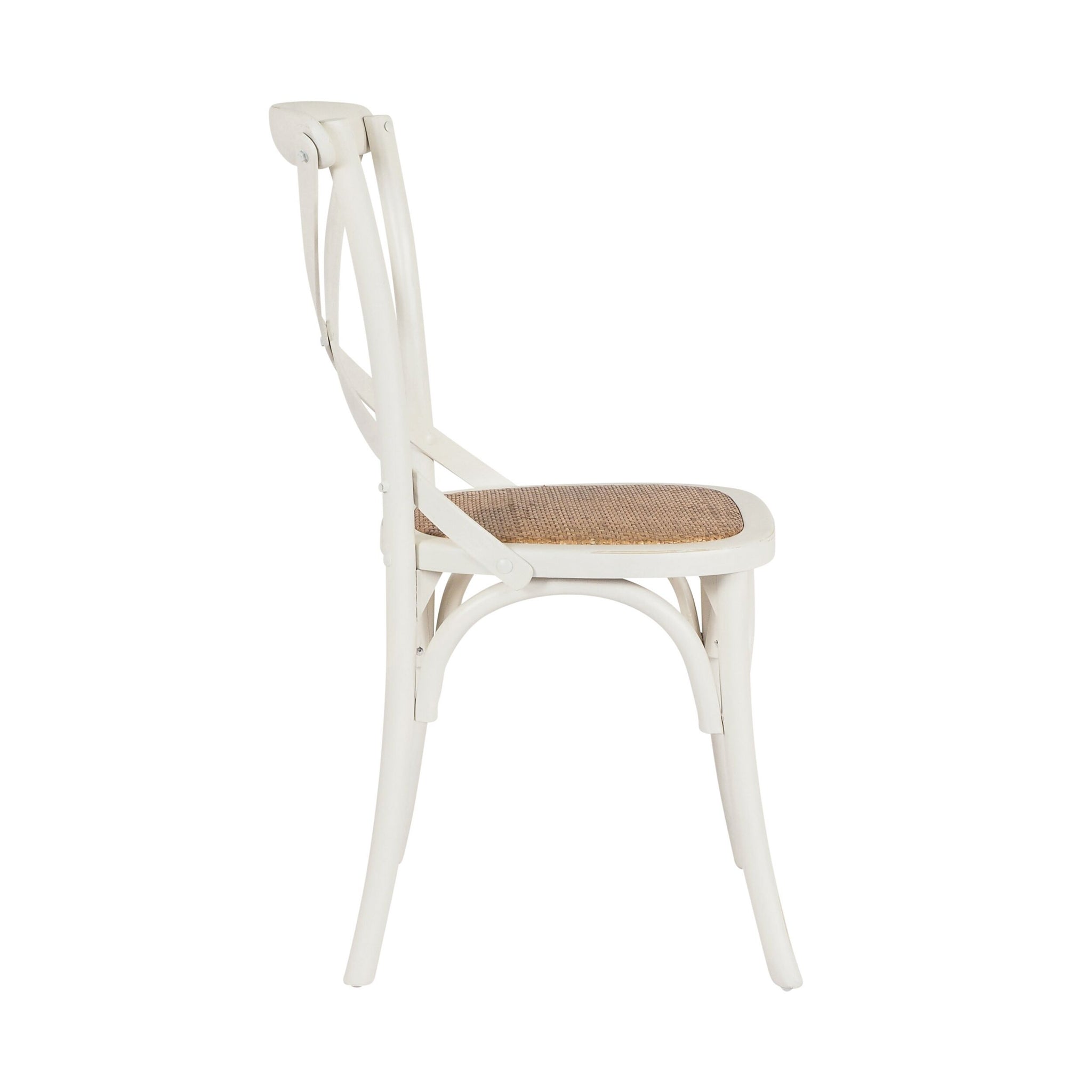 The Provincial Cross Back Dining Chair in Vintage White features a woven rattan seat and is shown from the side against a plain background.