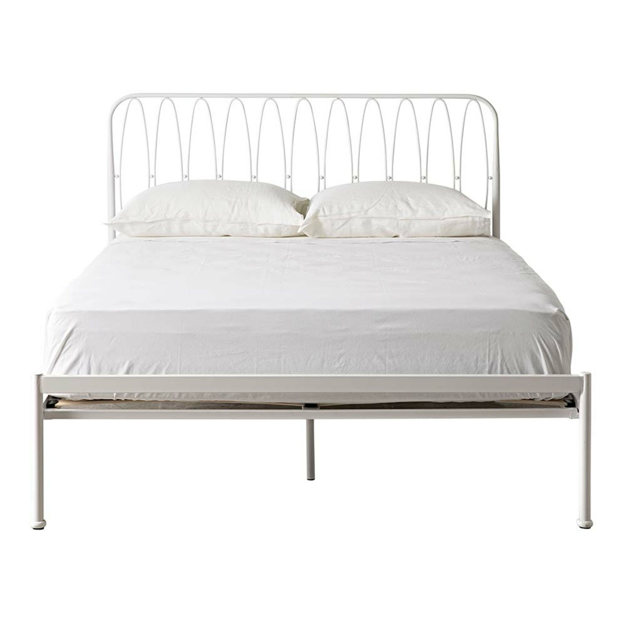 The Maya Queen Bed is a white iron frame with a simple headboard, featuring timber slats. It includes a plain white mattress and two white pillows. Its powder-coated finish adds elegance to the minimalist design.