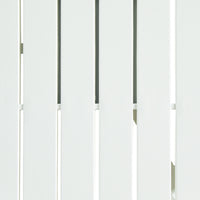 Close-up of the Kace Outdoor Side Table 50cm White, featuring a white slatted surface made from powder-coated, galvanized steel with vertical gaps, highlighting its texture and uniform spacing.