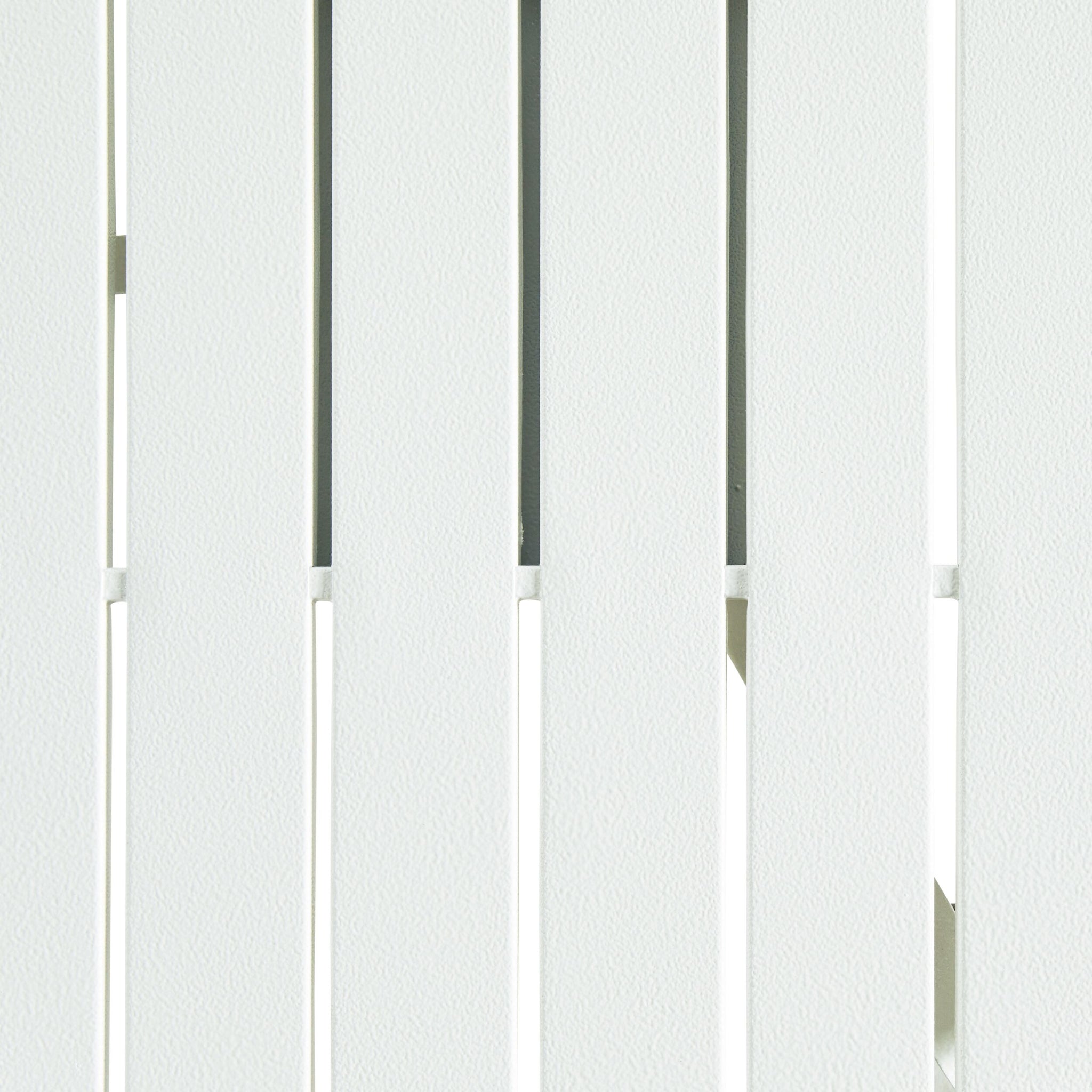 Close-up of the Kace Outdoor Side Table 50cm White, featuring a white slatted surface made from powder-coated, galvanized steel with vertical gaps, highlighting its texture and uniform spacing.