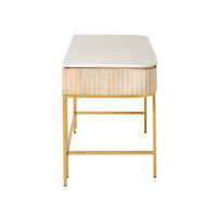 The Deva Large Desk 150 x 79 x 61cm has a sleek white marble top, light wood side panels, and gold metal legs, shown from the side.