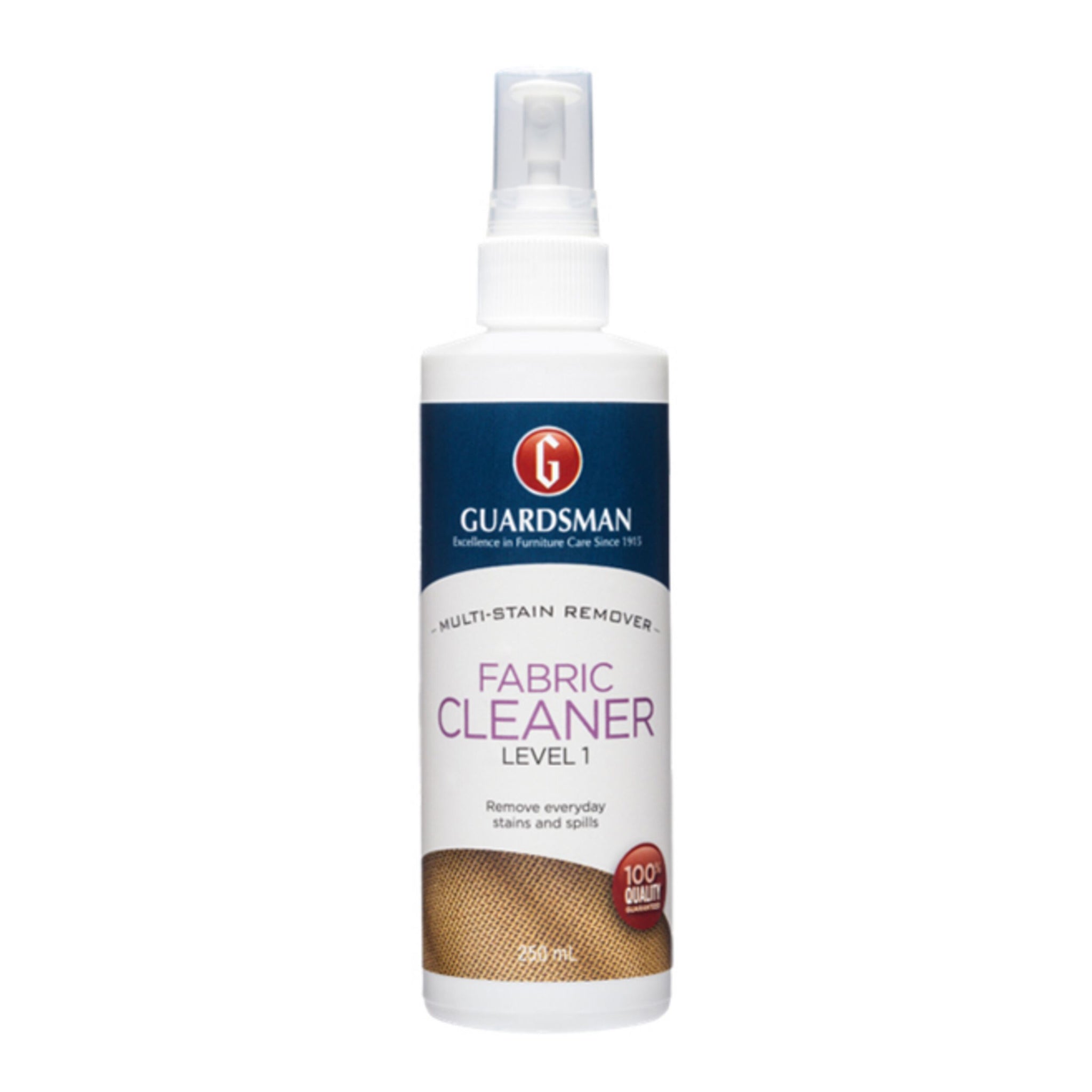 Guardsman Fabric Cleaner Level 1 250ml is a white spray bottle designed to remove stains and spills from fabric surfaces.