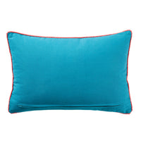 A rectangular Stitch Dogs Life Cushion, measuring 60x40cm, showcases a turquoise design with red trim, a textured finish, and includes a handy pocket at the back.